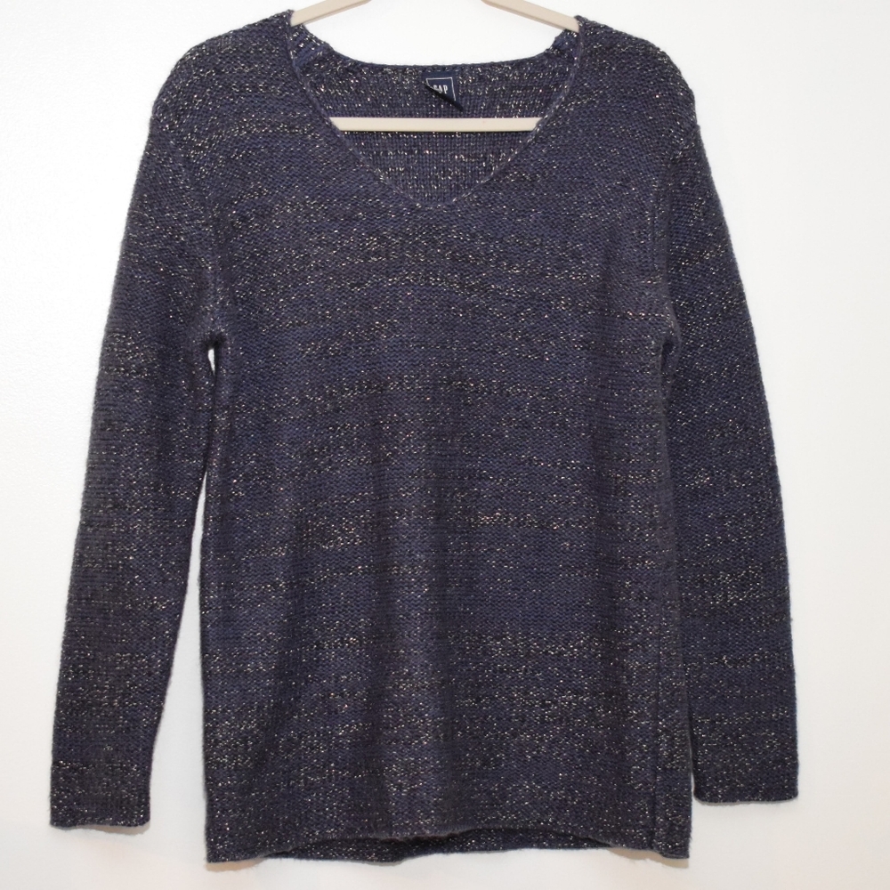 GAP Navy Blue Gold Metallic Lurex V-Neck Sweater Medium Sparkle Holiday Shimmer